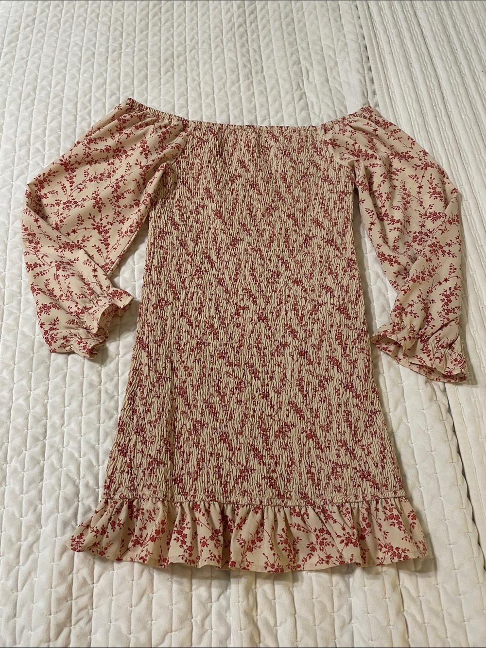 Pink Lily Cream Off-Shoulder Floral Smocked Long-Sleeve Dress